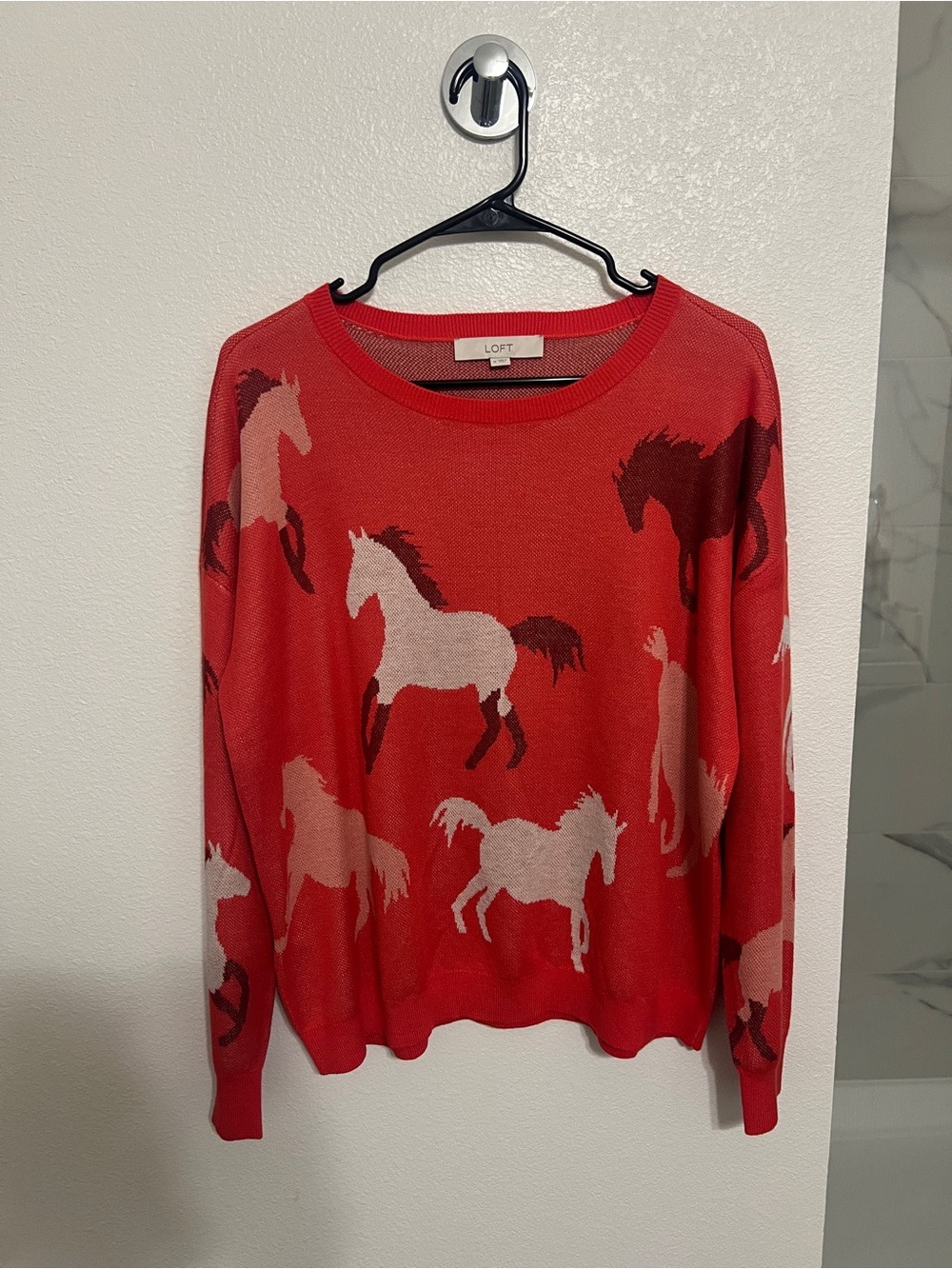 LOFT Red Horse-Print Crewneck Sweater with Pink and Burgundy Accents